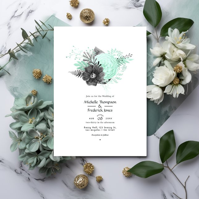 Mint and Charcoal Floral Rustic Wedding Invitation (Creator Uploaded)