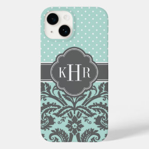 Mint and Charcoal Gray Damask Polka Dots Monogram Case-Mate iPhone 14 Case