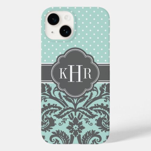 Mint and Charcoal Gray Damask Polka Dots Monogram Case_Mate iPhone 14 Case