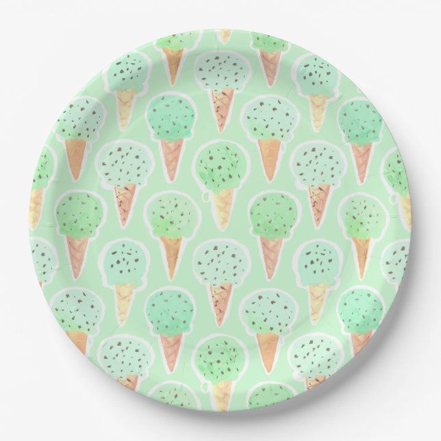 Mint and Chip Ice Cream Cone Pattern Paper Plates (Front)
