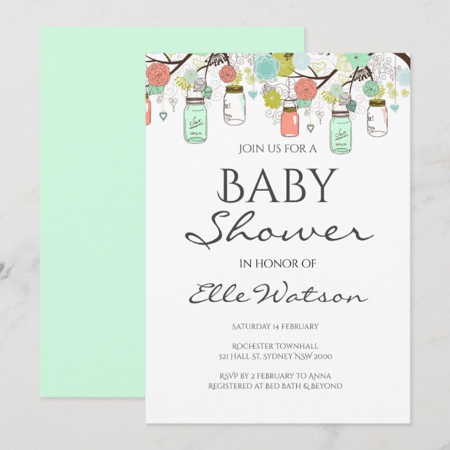 Mint and Coral Baby Shower Invitation (Front/Back)