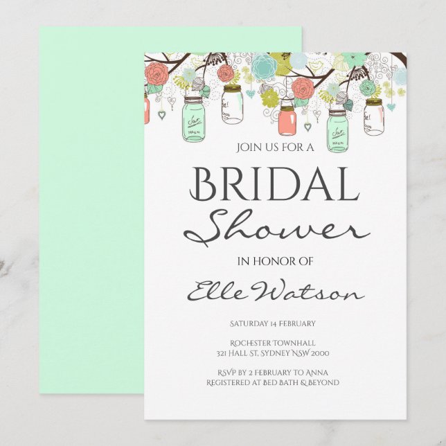 Mint and Coral Bridal Shower Invitation, Wedding Invitation (Front/Back)