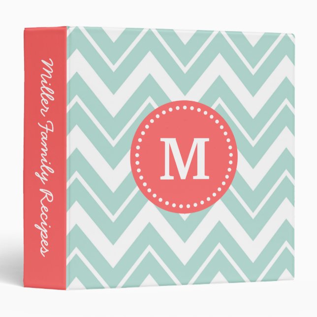 Mint and Coral Chevron Custom Monogram Binder (Front/Spine)