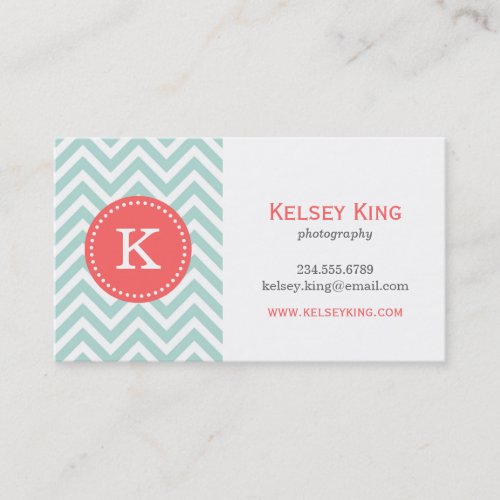Mint &amp; Coral Chevron Custom Monogram Business Card Templates
