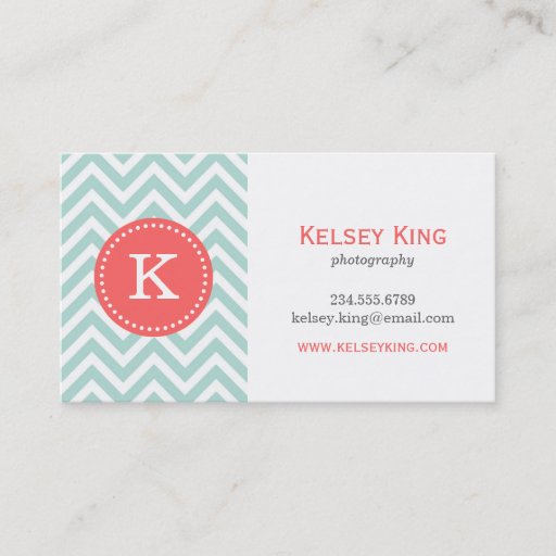 Customizable Mint &amp; Coral Chevron Custom Monogram Business Card Templates
