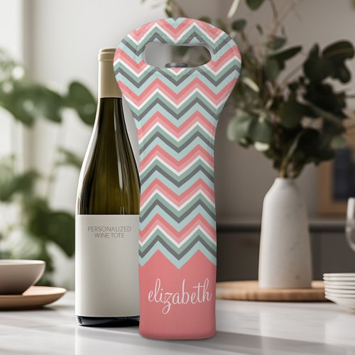 Mint and Coral Chevron Pattern Custom Name Wine Bag