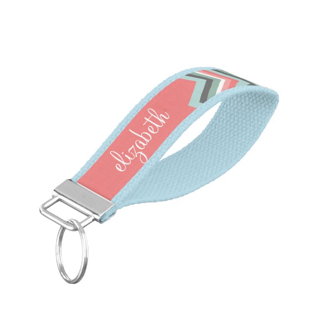 Mint and Coral Chevron Pattern Custom Name Wrist Keychain (Angled Down)