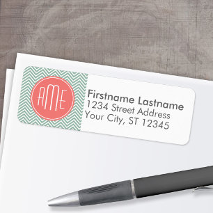 Mint and Coral Chevrons Custom Monogram Label