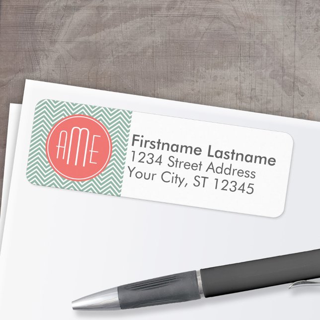 Mint and Coral Chevrons Custom Monogram Label (Custom Return Address Labels - Low Minimum)