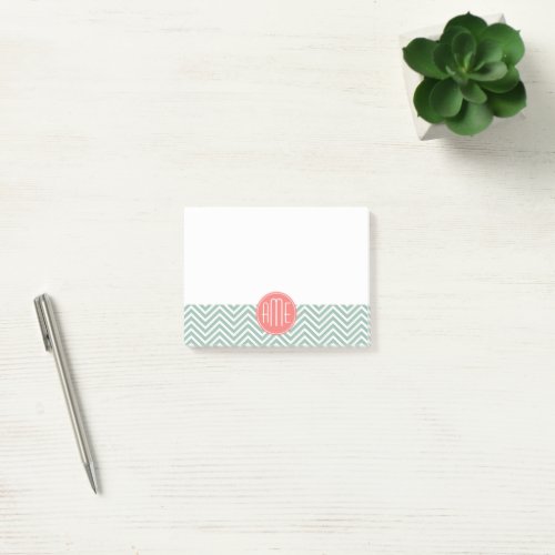 Mint and Coral Chevrons Custom Monogram Post_it Notes