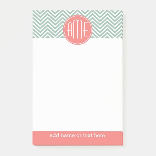 Mint and Coral Chevrons Custom Monogram Post_it Notes