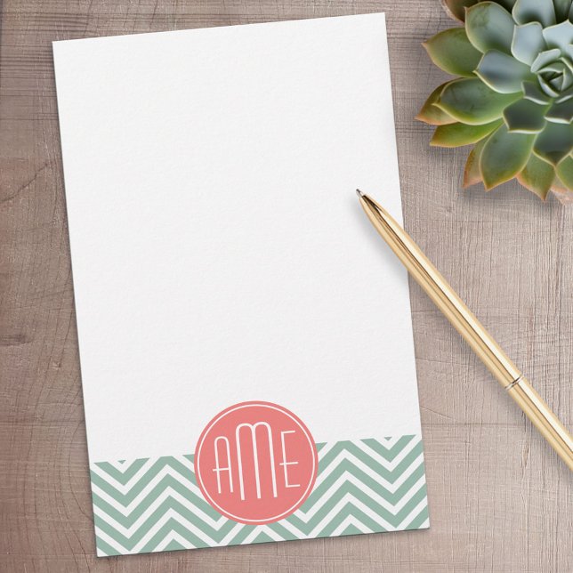 Mint and Coral Chevrons Custom Monogram Stationery (Personalized Stationery)