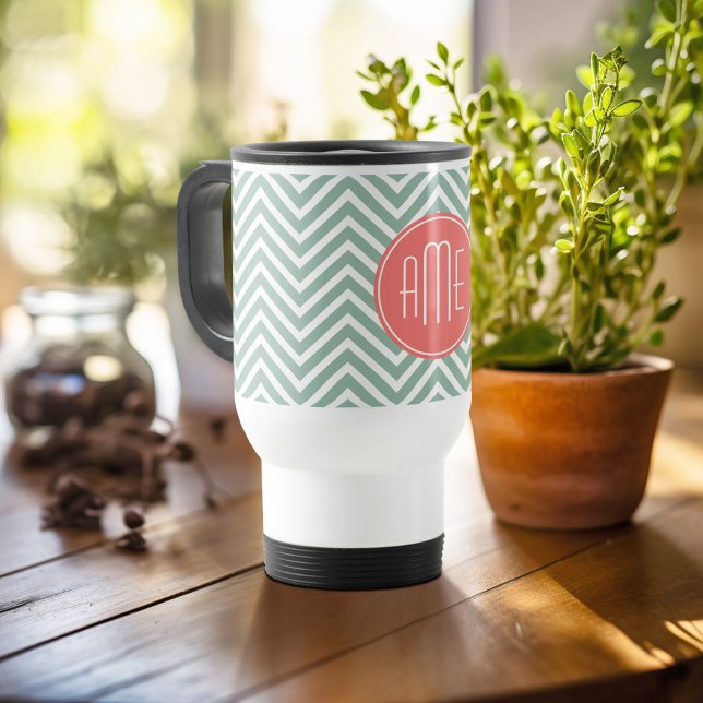 Mint and Coral Chevrons Custom Monogram Travel Mug (Personalized travel mug - add photos and text or customize completely)