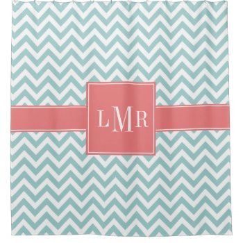 Mint And Coral Chevrons Monogram Shower Curtain by heartlockedhome at Zazzle