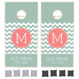 Mint and Coral Chevrons with Custom Monogram Cornhole Set