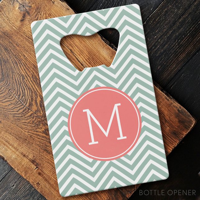 Mint and Coral Chevrons with Custom Monogram Credit Card Bottle Opener (Custom Bottle Opener)