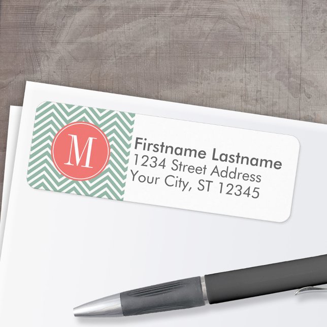 Mint and Coral Chevrons with Custom Monogram Label (Custom Return Address Labels - Low Minimum)
