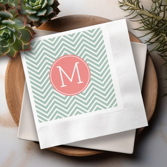 Mint and Coral Chevrons with Custom Monogram Napkins (Personalized cocktail and dinner napkins)