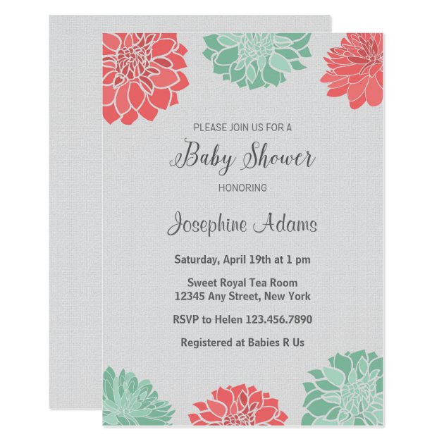 Mint And Coral Dahlia Baby Shower Invitation