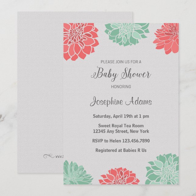 Mint and Coral Dahlia Baby Shower Invitation (Front/Back)