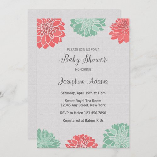 Mint and Coral Dahlia Baby Shower Invitation