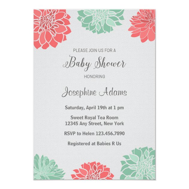 Mint And Coral Dahlia Baby Shower Invitation