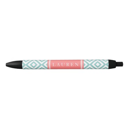 Mint And Coral Diamonds Pattern Black Ink Pen
