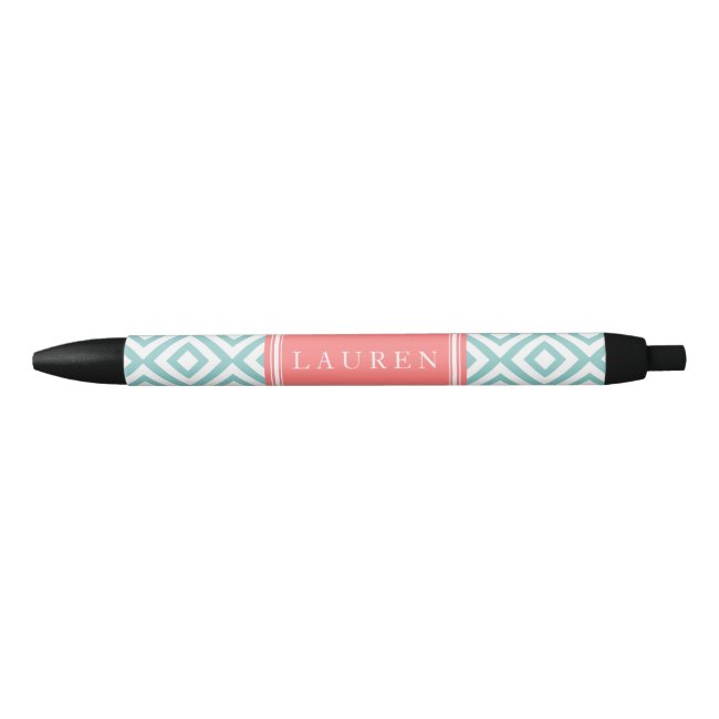 Mint and Coral Diamonds Pattern Black Ink Pen