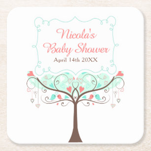 Mint and Coral Floral Bird Baby Shower Square Paper Coaster