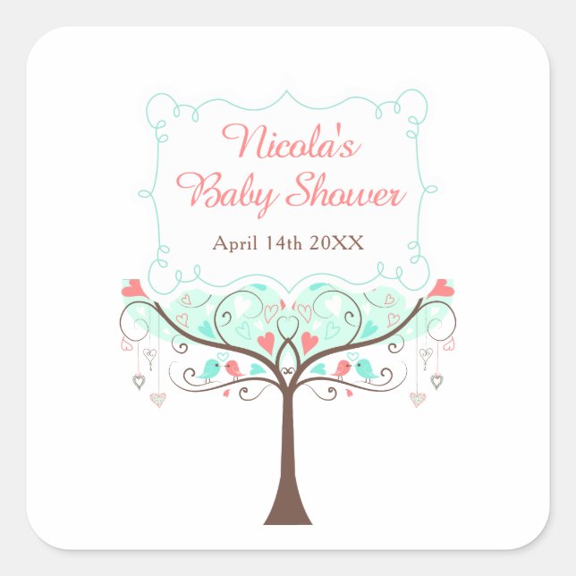 Mint and Coral Floral Bird Baby Shower  Square Sticker (Front)