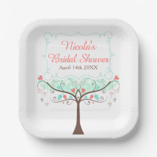 Mint and Coral Floral Bird Bridal Shower  Paper Plates
