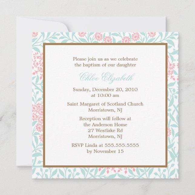Mint and Coral Floral Damask Christening Invitation (Front)