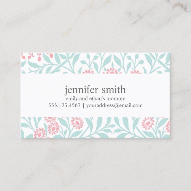 Mint and Coral Floral Damask Pattern Calling Card (Front)