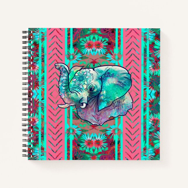 Mint and Coral Floral Tribal Boho Elephant Notebook (Front)