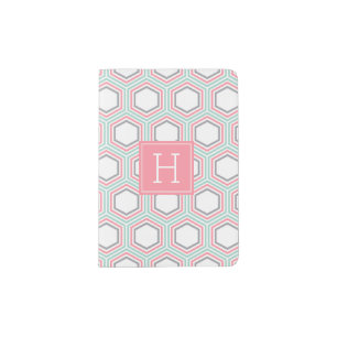 Mint and Coral Honeycomb Pattern Monogram Passport Holder
