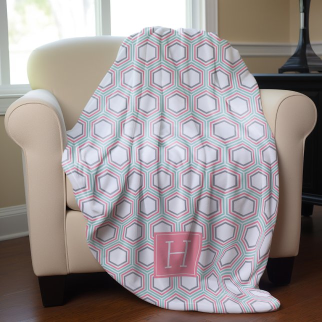 Mint and Coral Honeycomb Pattern Monogrammed Fleece Blanket (Creator Uploaded)
