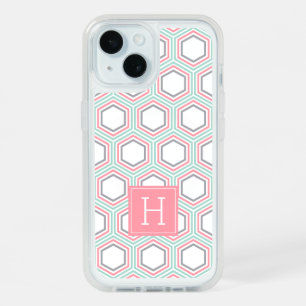 Mint and Coral Honeycomb Pattern Monogrammed iPhone 15 Case