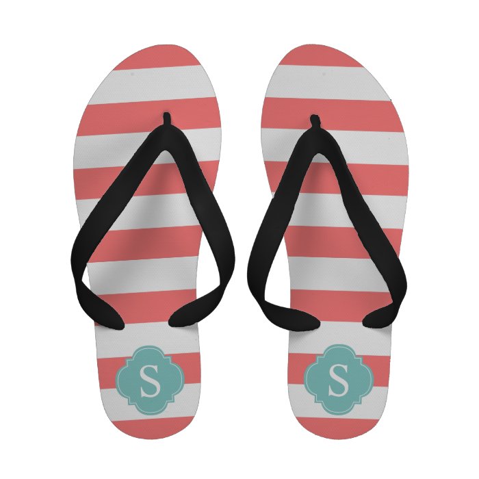 Mint and Coral Horizontal Stripes Monogram Flip Flops