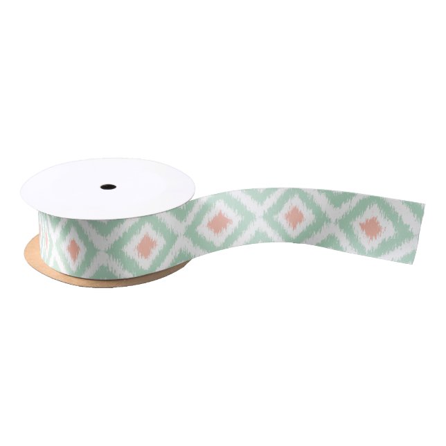 Mint and Coral Ikat Diamonds Pattern Satin Ribbon (Spool)