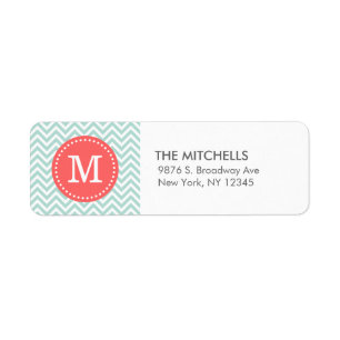 Mint and Coral Modern Chevron Custom Monogram Label