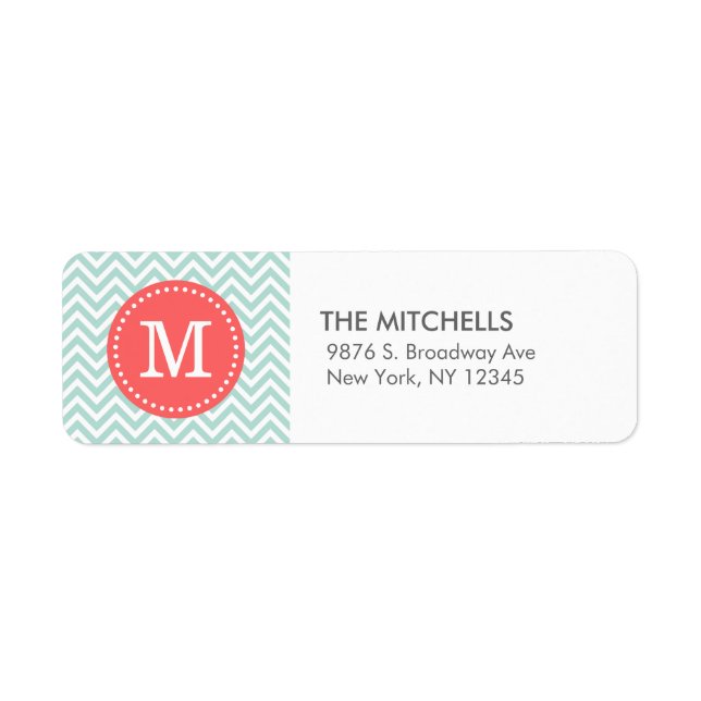 Mint and Coral Modern Chevron Custom Monogram Label (Front)