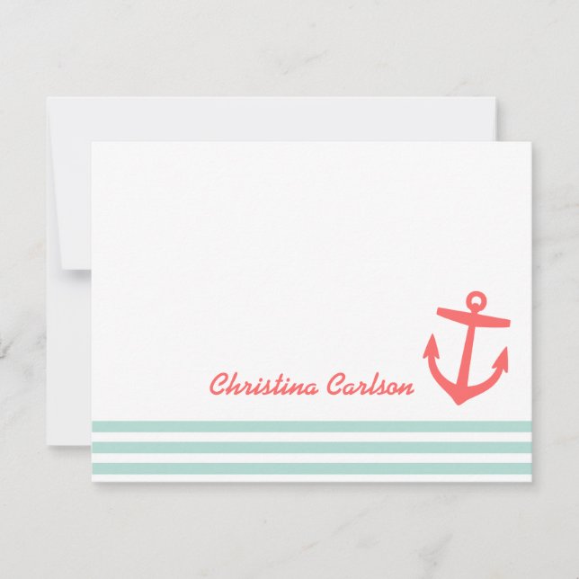 Mint and Coral Nautical Stripes Anchor Stationery Note Card (Front)