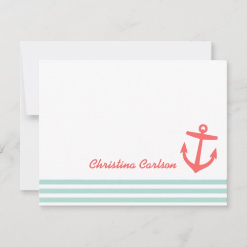 Mint &amp; Coral Nautical Stripes &amp; Anchor Stationery Personalized Invite