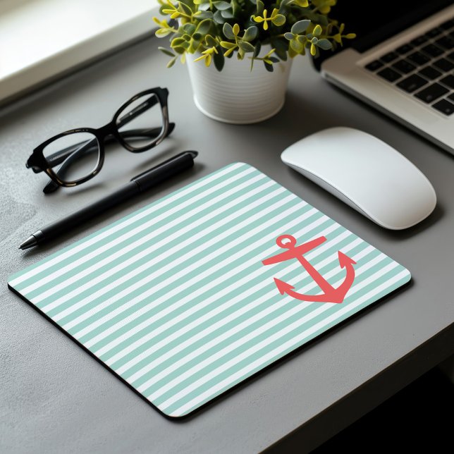 Mint and Coral Nautical Stripes and Cute Anchor Mouse Pad (Creator Uploaded)