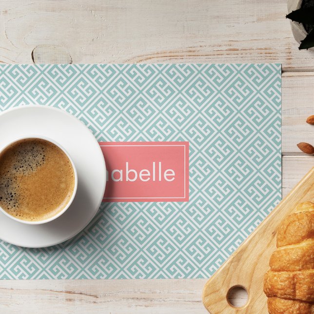 Mint and Coral Personalized Greek Key Pattern Placemat (Creator Uploaded)