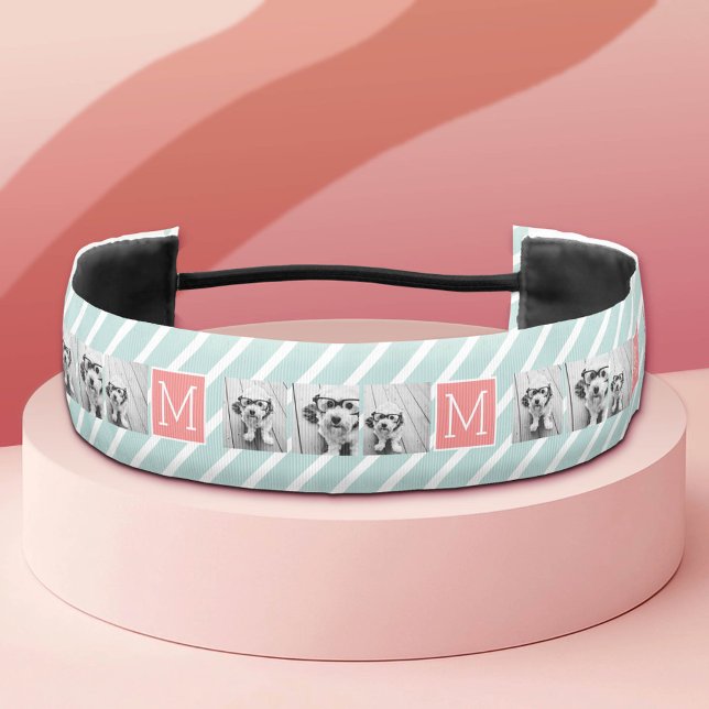 Mint and Coral Photo Collage Custom Monogram Athletic Headband (Custom Hairband)