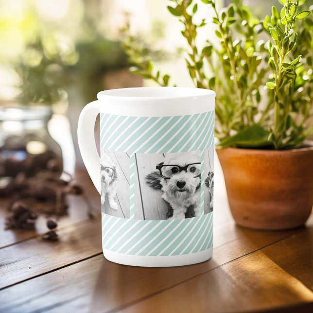 Mint and Coral Photo Collage Custom Monogram Bone China Mug (Personalized mug with photos and text, customize completely in the advanced design area)