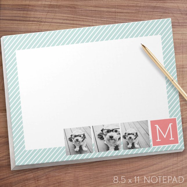 Mint and Coral Photo Collage Custom Monogram Notepad (Letter Size Notepad - Personalized)