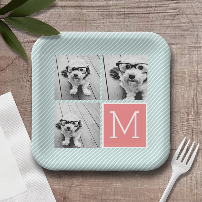 Mint and Coral Photo Collage Custom Monogram Paper Plates (Personalized party plates with a photo collage and text)
