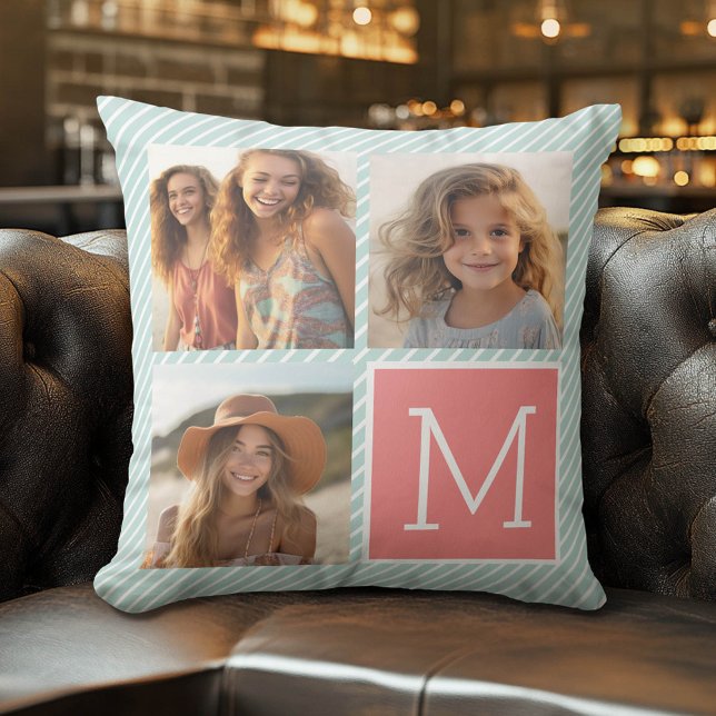 Mint and Coral Photo Collage Custom Monogram Throw Pillow (Custom Pillow)